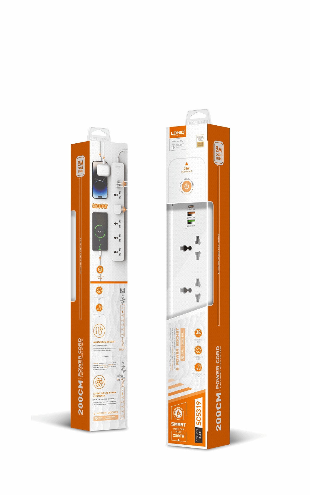 LDNIO SC5319 | 2500W PD & Prise de courant QC3.0 | Avec ports USB Type-C & de 38W