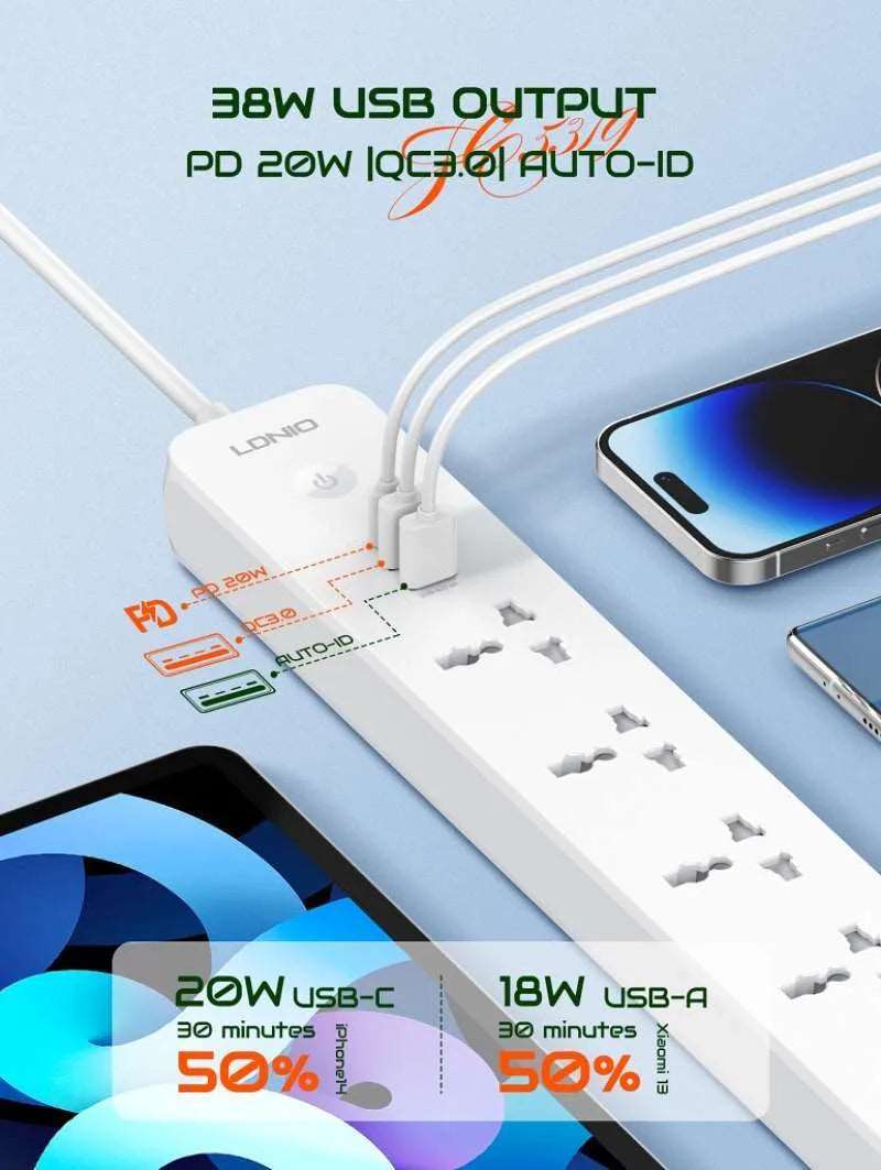 LDNIO SC5319 | 2500W PD & Prise de courant QC3.0 | Avec ports USB Type-C & de 38W 3