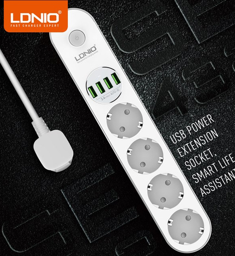 LDNIO SE4432 - Multiprise Parafoudre 4 Prises AC avec 4 Ports USB, Câble 200cm, Protection Surtensions et Interrupteur