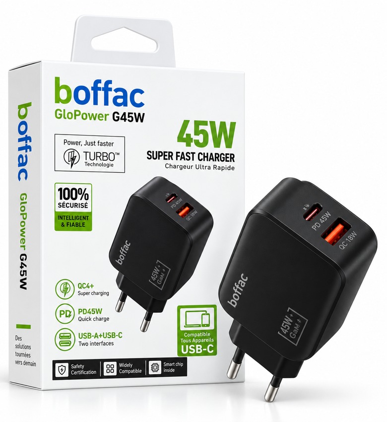Chargeur Rapide Boffac GloPower G45W 45W USB-C PD + USB-A QC 18W – Double Port pour Smartphone, Tablette et PC Portable - Cable 100cm inclus