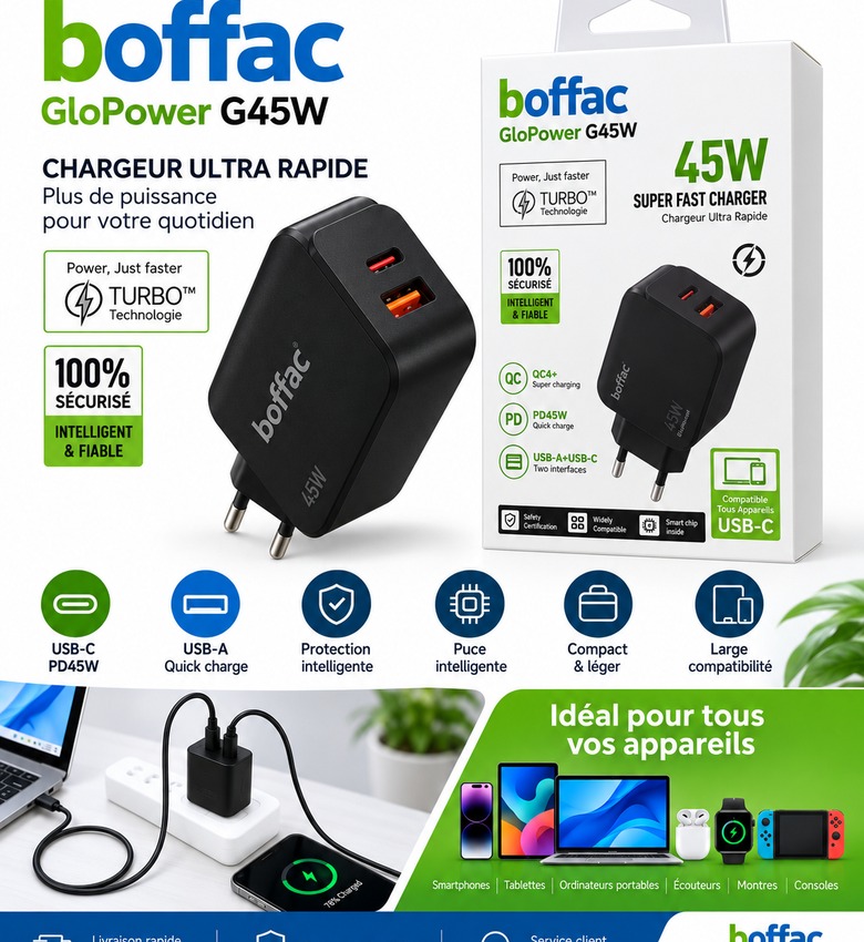 Chargeur Rapide Boffac GloPower G45W 45W USB-C PD + USB-A QC 18W – Double Port pour Smartphone, Tablette et PC Portable - Cable 100cm inclus 2