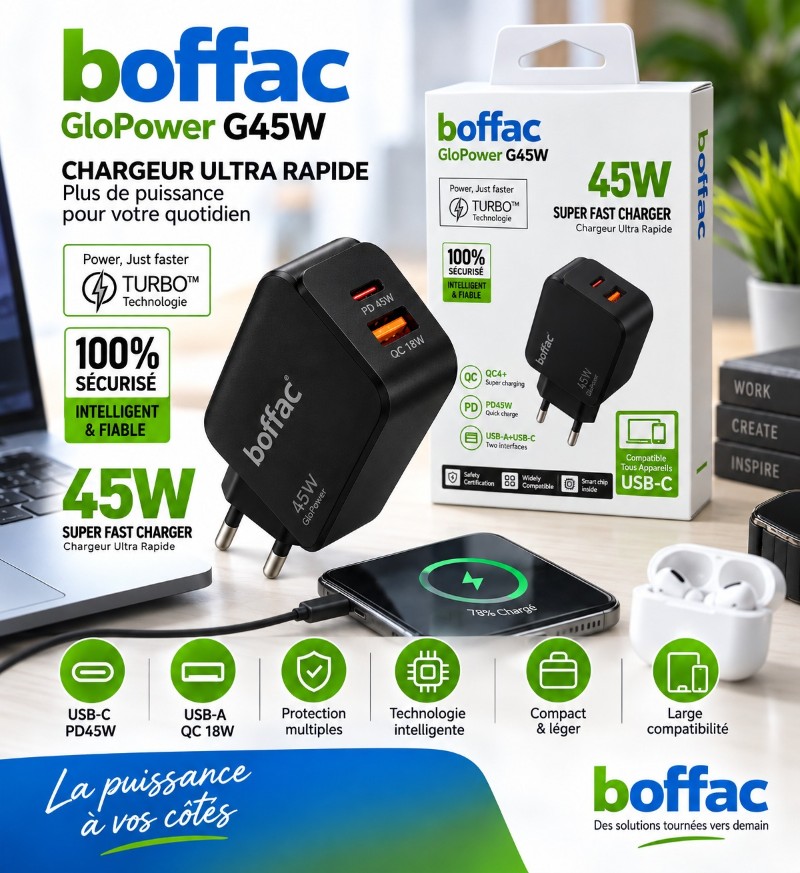 Chargeur Rapide Boffac GloPower G45W 45W USB-C PD + USB-A QC 18W – Double Port pour Smartphone, Tablette et PC Portable - Cable 100cm inclus 3